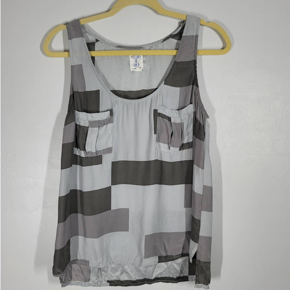 Yellow Is Gold Silk Tank Top Size Medium Gray Geometric Block Sleeveless Pockets